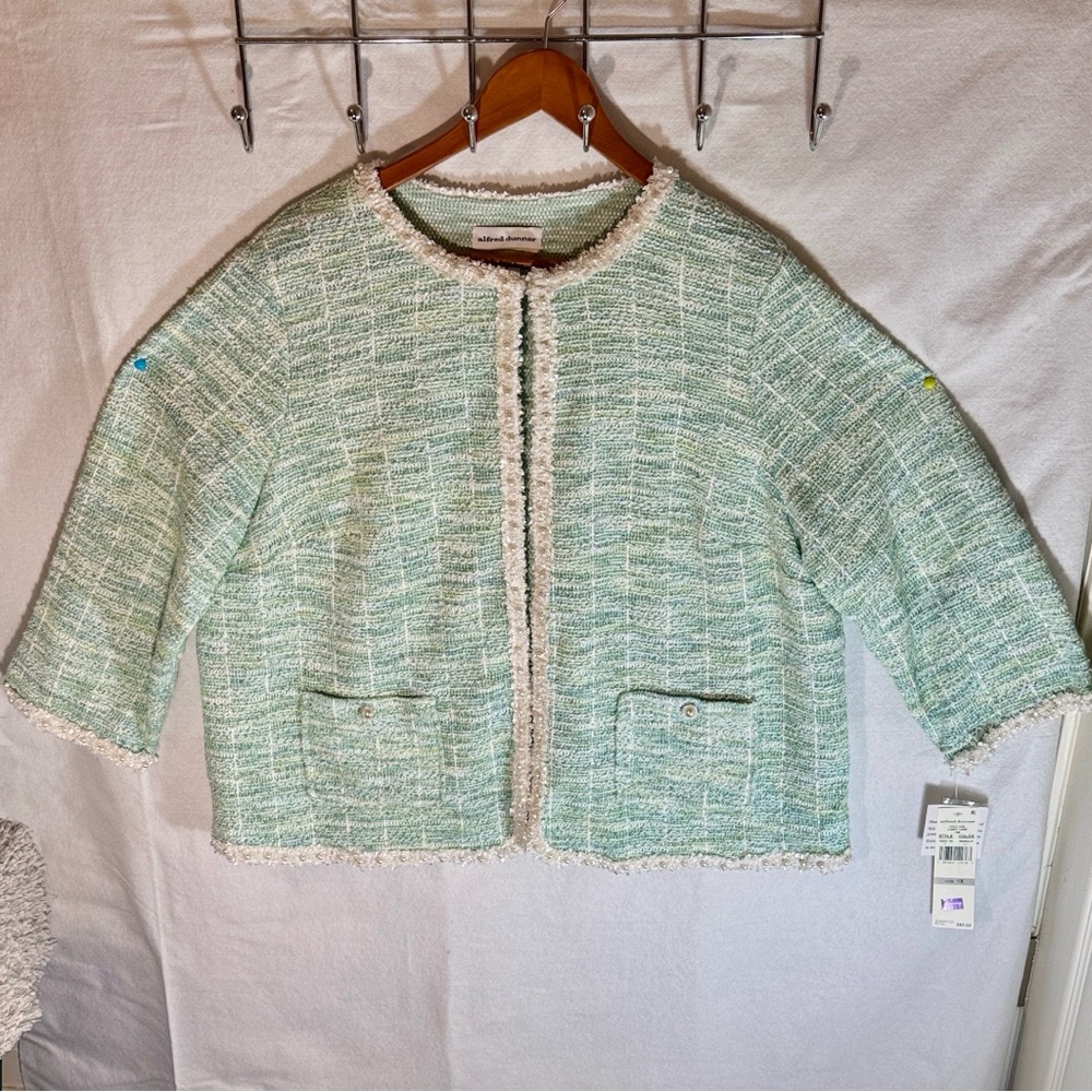 NWT Alfred Dunner Woman 1X Tweed Jacket - Mint Green/Pearl Trim - Plus Size